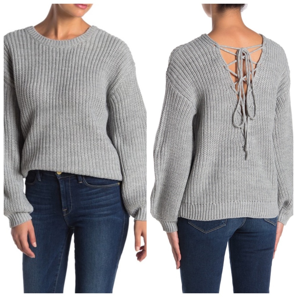 Heartloom Lorna Gray Lace-Up Back Sweater Crewneck